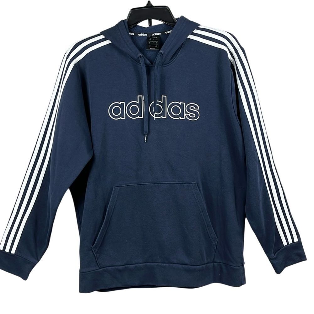 Adidas 3 Striped Varsity Pullover Hoodie Drawstring Mens Size‎ Large Y2K Blue
